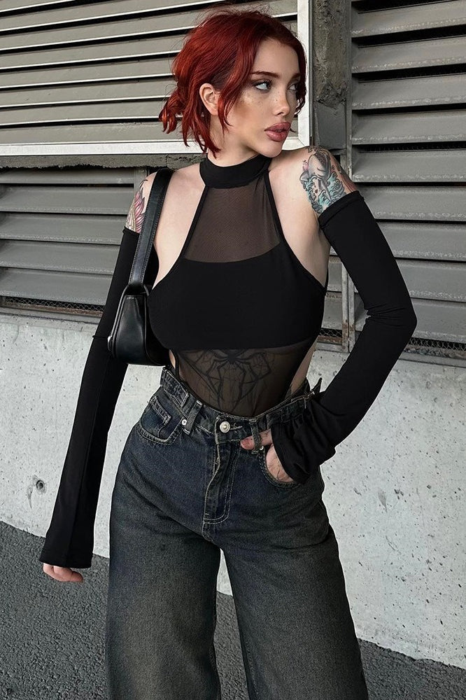 Mesh Cutout Stretch Long Sleeve  Bodysuit