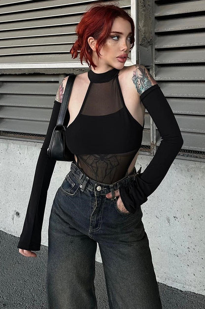 Mesh Cutout Stretch Long Sleeve  Bodysuit