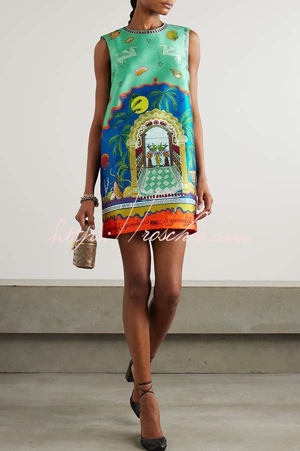 Natural Beauty Satin Unique Print Sleeveless H-line Mini Dress