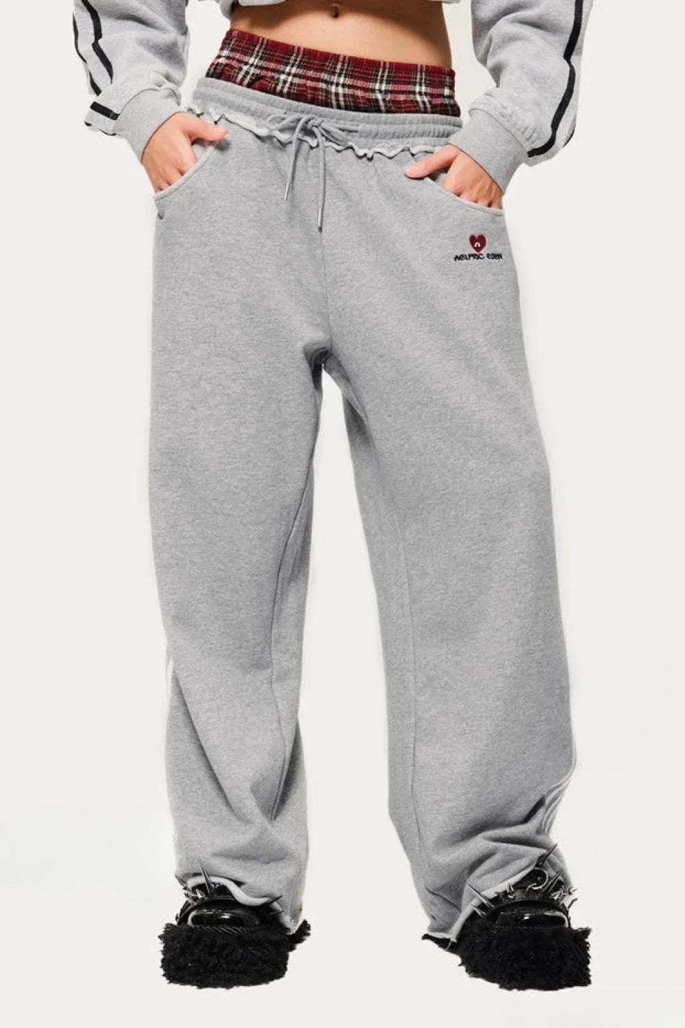 Stripe Plaid Panel Double Waist Wide Leg Pants
