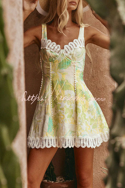 Stelle Linen Blend Floral Print Crochet Zig Zag Trim Back Lace-up Mini Dress