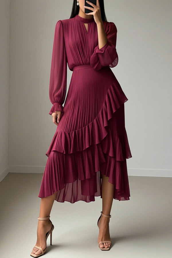 Solid Color Round Neck Long Sleeve Fitted Waist Pleated Ruffle Midi Dress