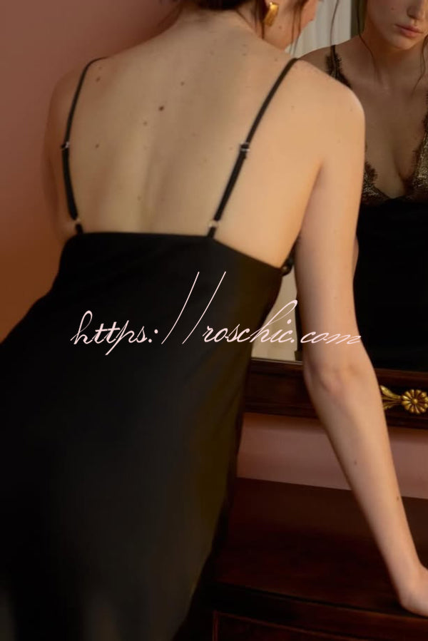 Fashionable Satin Lace Patchwork Spaghetti Strap Backless Elegant Slim-fit Maxi Dress