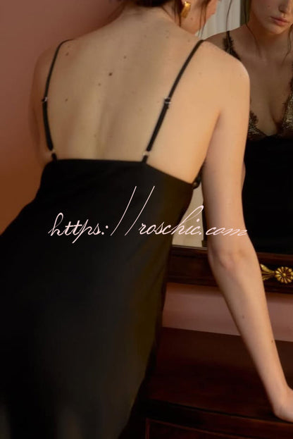 Fashionable Satin Lace Patchwork Spaghetti Strap Backless Elegant Slim-fit Maxi Dress