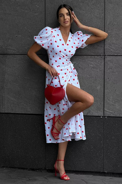 Vestido midi con estampado de algodón y mangas abullonadas