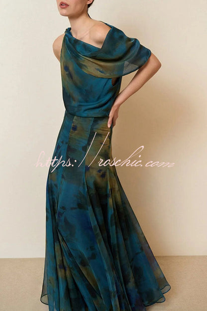Ione Chiffon Ombré Print Cowl Neck Top and High Rise Maxi Skirt Set with Scarf