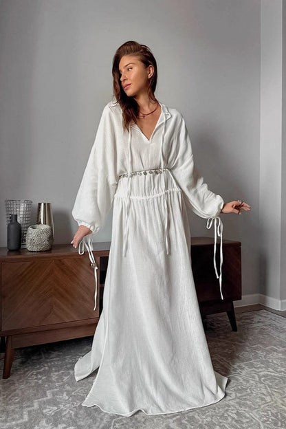 Vestido largo de algodón con aberturas, lazo en la cintura y manga larga