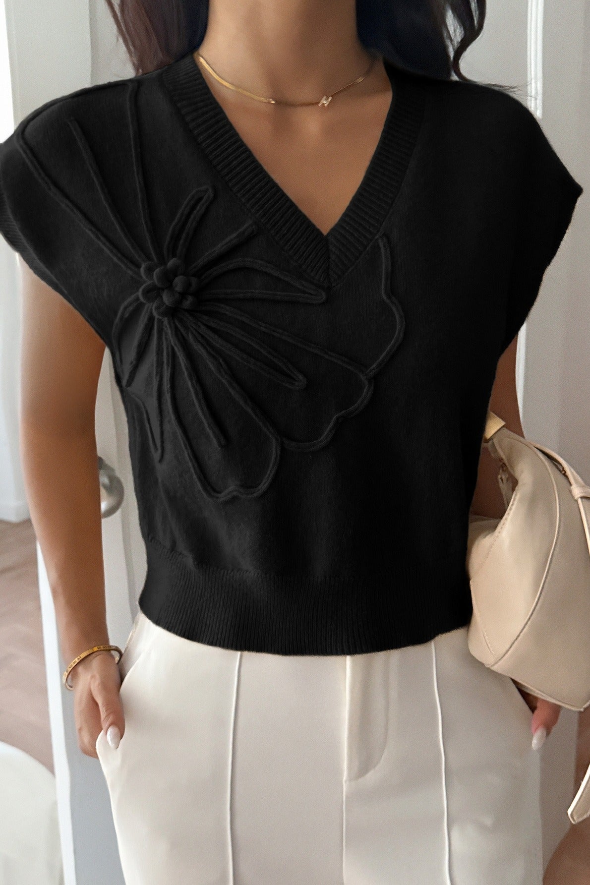 Deep V Solid Knit Short Sleeve Sweater