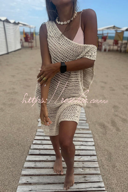 Fashionable Loose-fitting Openwork Sleeveless Casual Knitted Cover-up Mini Dress
