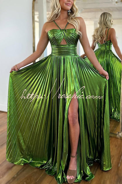 Queen Style Metallic Fabric Cross Neck Cutout Slit Pleated Maxi Dress (Shipped Within 24 Hours)