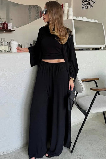 Conjunto de tres piezas de bata de manga larga fluida de punto sólido