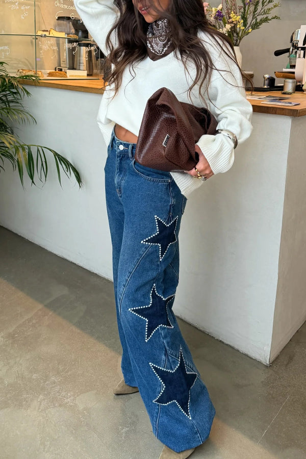Jessy Denim Mid Rise Side Star Pattern Pocket Wide Leg Jeans (Shipped Within 24 Hours)