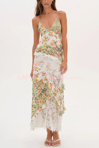 Fashionable Floral Print Lace Patchwork Hollow-out Slim Fit Vacation Ruffle Maxi Dress
