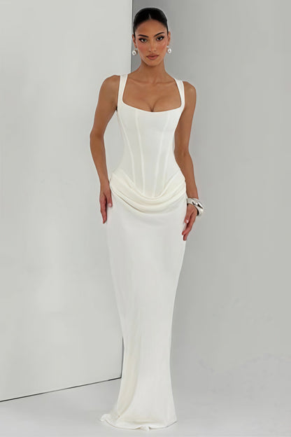 Vestido largo ajustado sexy con fruncido, tirantes finos y deshuesado en la cintura