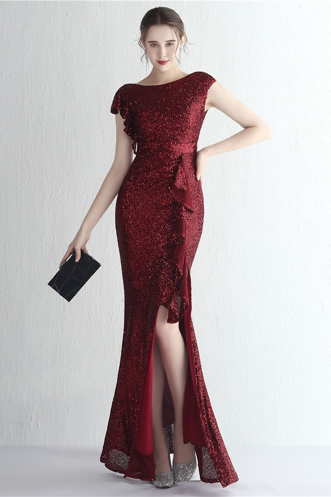 Vestido de gala de sirena con purpurina, cuello alto y abertura