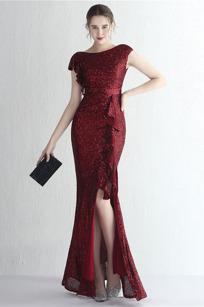 Vestido de gala de sirena con purpurina, cuello alto y abertura