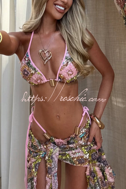 Stylish Sequined Metal Decoration Halter Neck Tie Stretch Bikini Swimsuit and Beach Cover-up Mini Skirt Three-piece Set