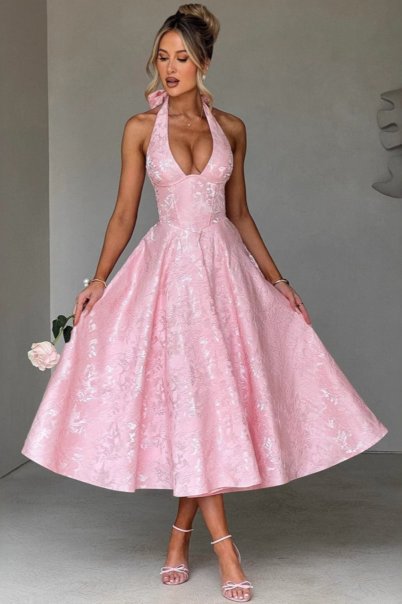 Vestido de fiesta jacquard con cuello halter en V