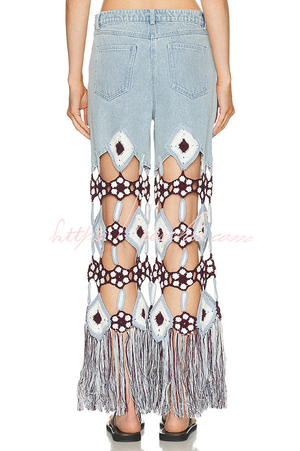 Belma Denim Handmade Embroidered Floral Crochet Detail Tassel Hem Pocket Jeans