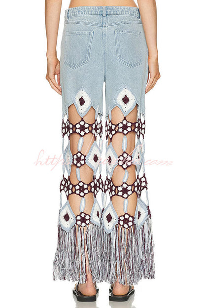 Belma Denim Handmade Embroidered Floral Crochet Detail Tassel Hem Pocket Jeans