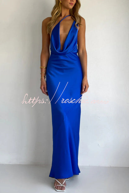 Solid Color Halter Neck Tie Backless Slim Fit Drape Maxi Dress