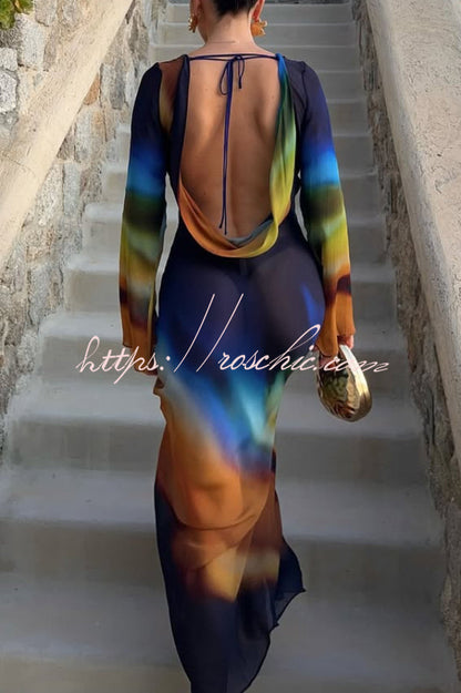 Medellin Neon Print Cowl Neck Twist Detail Long Sleeve Vacation Maxi Dress