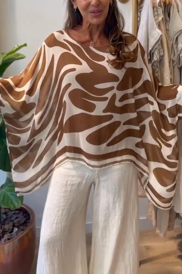 Irregular Print Round Neck Batwing Sleeve Chiffon Loose Top