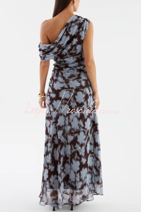 Unique Print Asymmetrical Off-Shoulder Pleated Waist Casual Maxi Dress