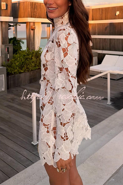 Tropica View Crochet Lace Seashell High Neck Long Bell Sleeve Mini Dress