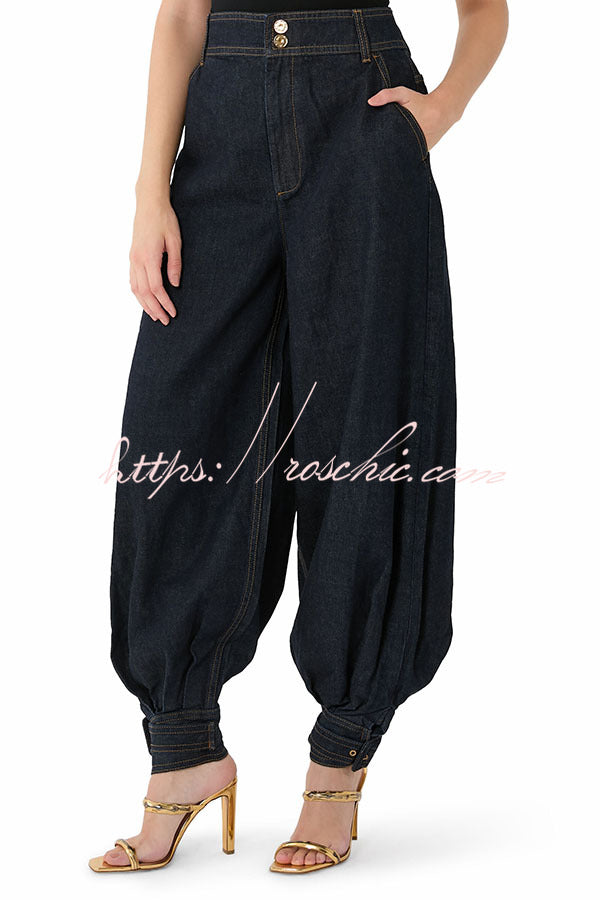 Luna Denim High Rise Pocket Adjustable Buckle Ankle Strap Harem Pants