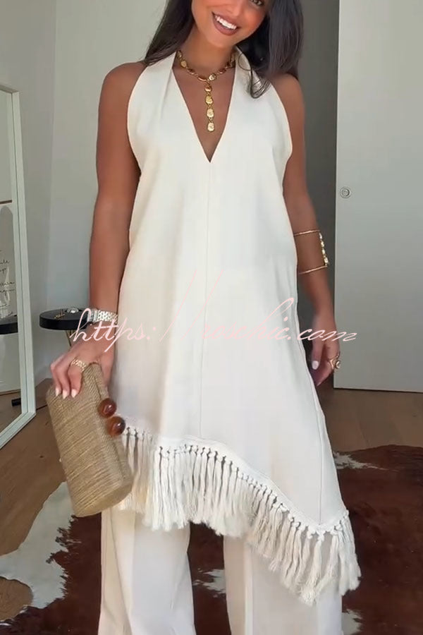 Kortnie Linen Blend Tassel Hem Halter A-line Top and High Rise Pocket Wide Leg Slit Pants Set