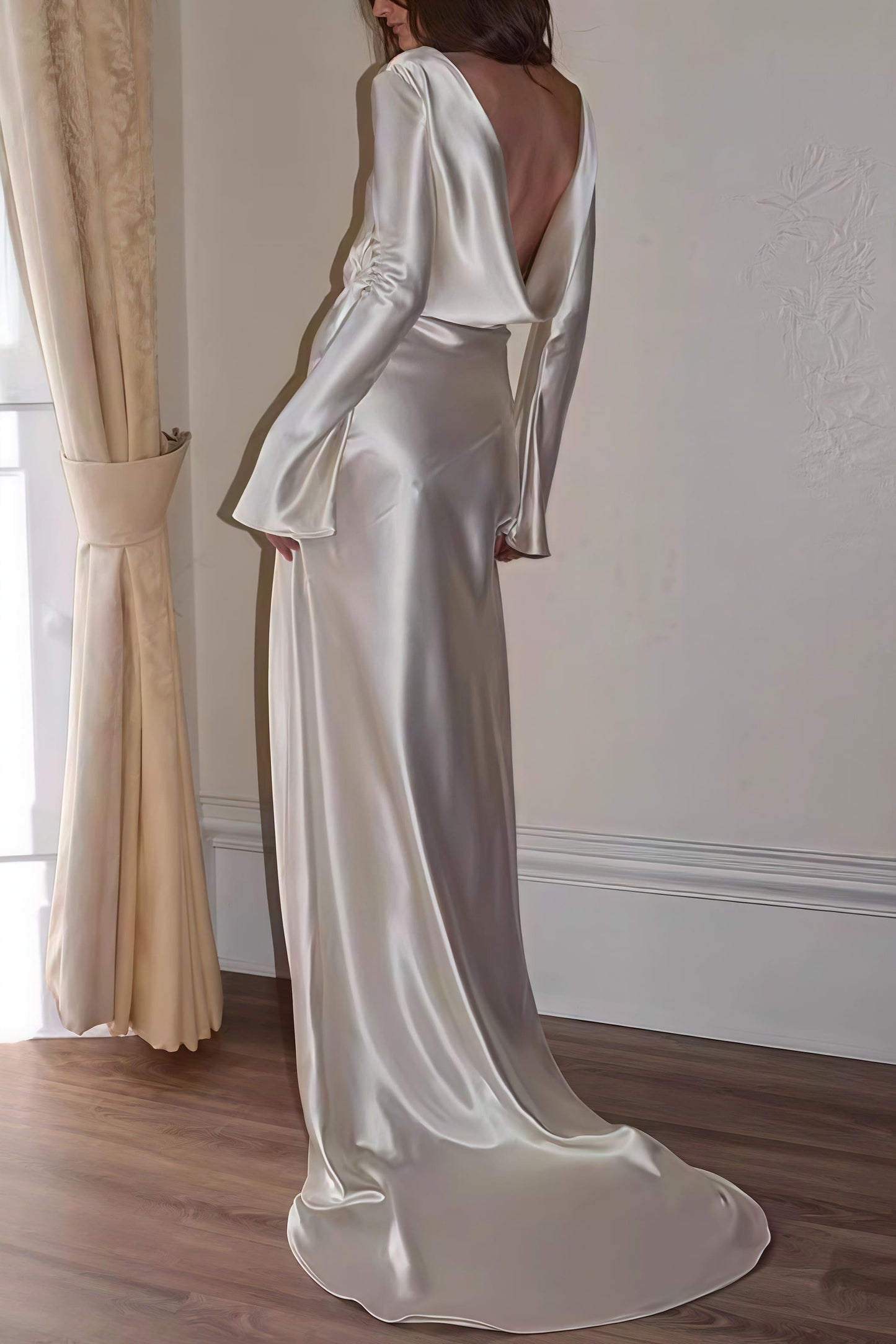 Satin Solid Crew Neck Backless Mermaid Elegant Maxi Dress