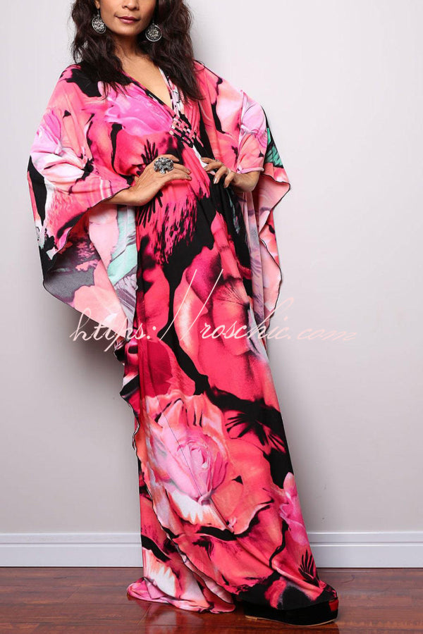 Unique Print Loose V-Neck Batwing Sleeve Casual Maxi Dress