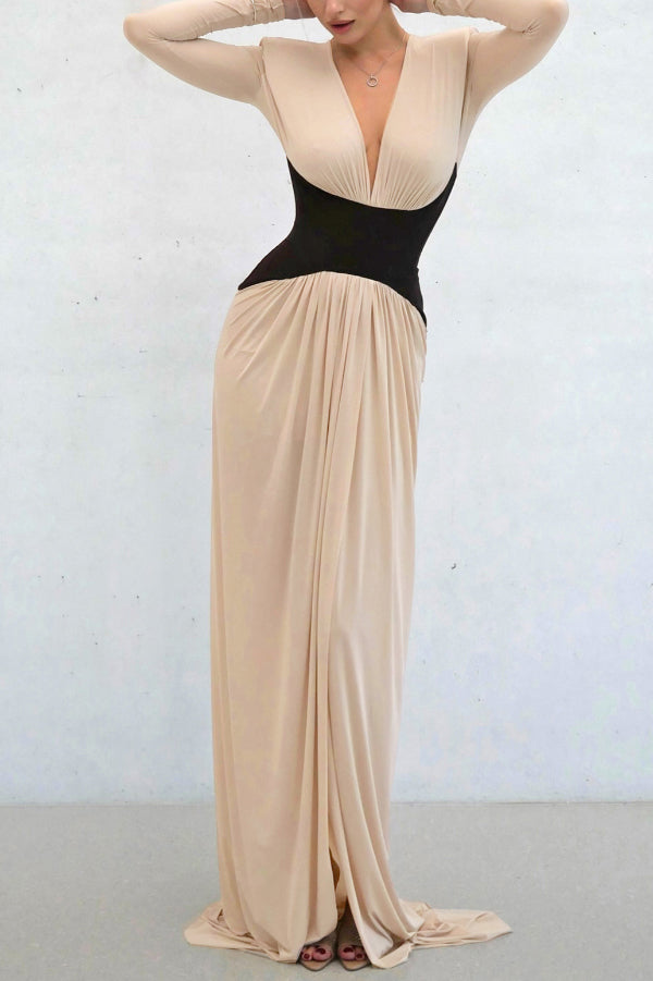 Stylish Color-blocked V-neck Long-sleeved Elegant High-slit Slim-fit Maxi Dress
