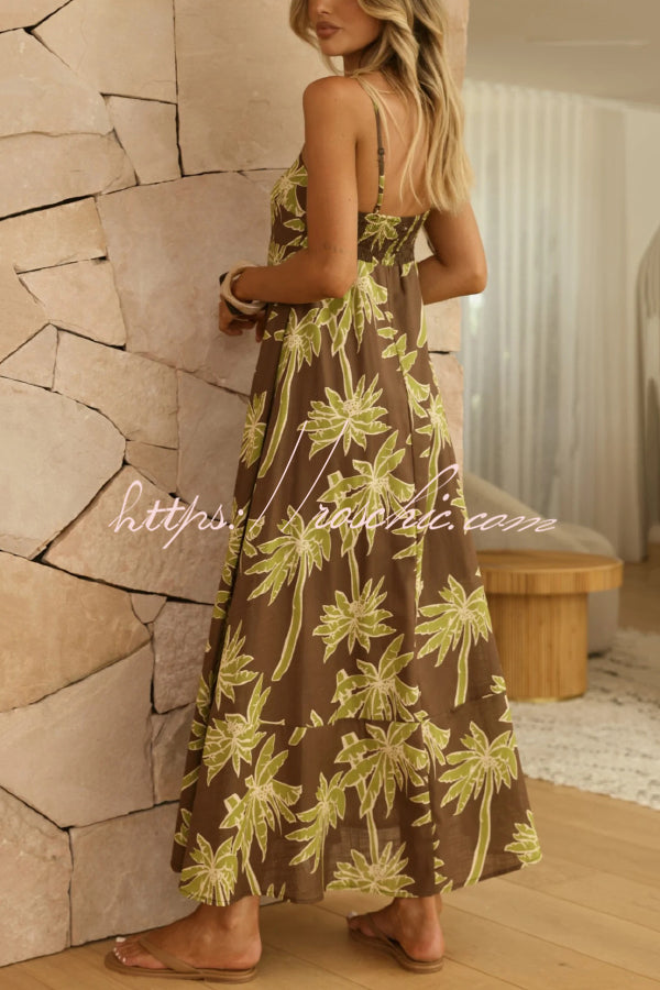 Coconut Tree Print Sleeveless Camisole Casual Vacation Maxi Dress