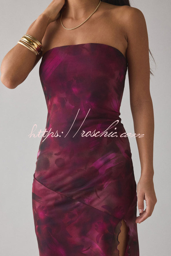 Mesh Tie-dye Slit Strapless Maxi Dress