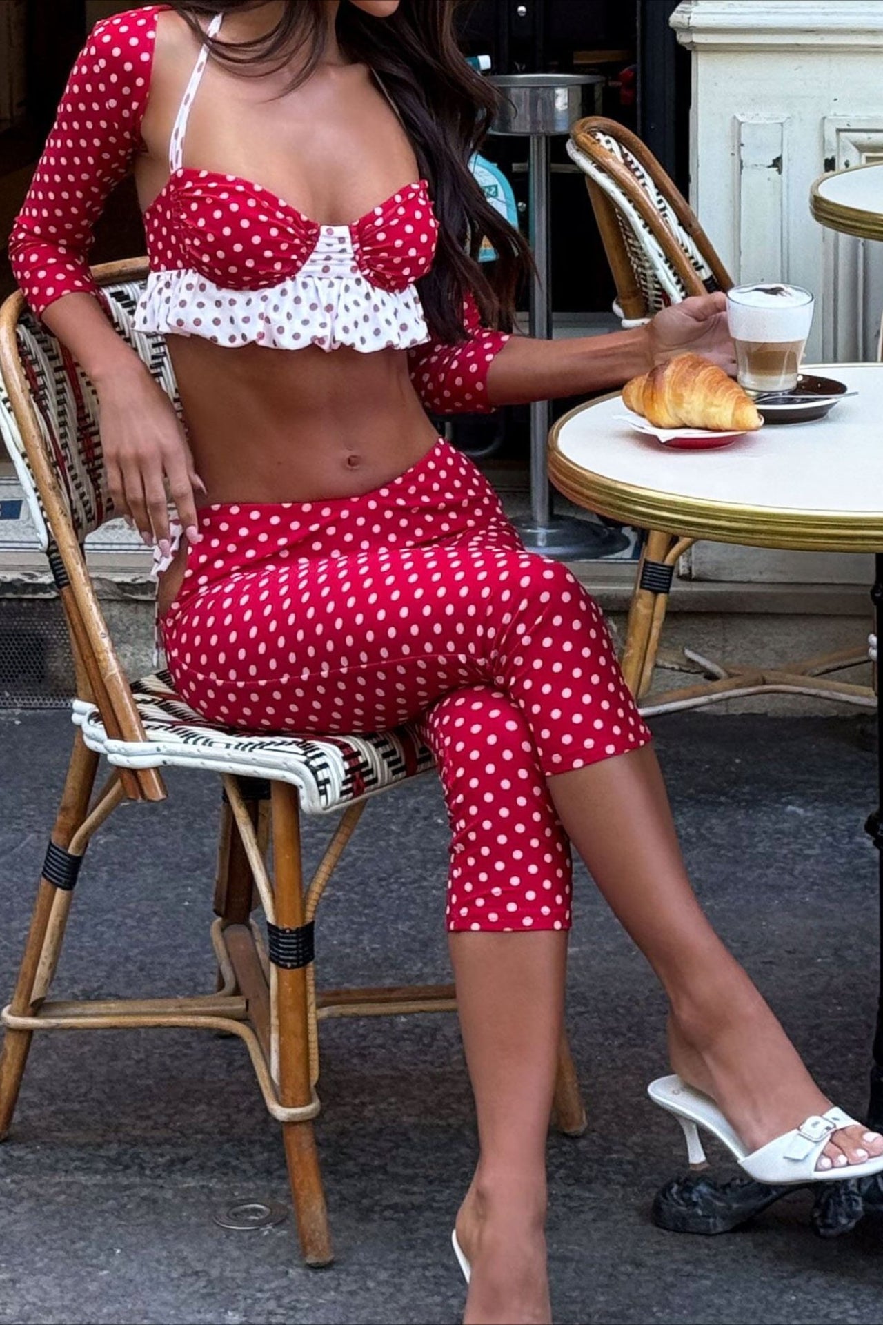 Conjunto de dos piezas vintage de top palabra de honor y falda de lunares