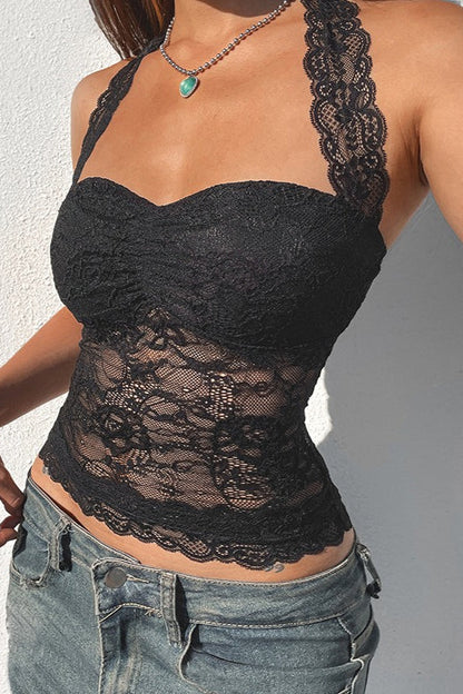Top halter sexy entallado con lazo y fruncido de encaje