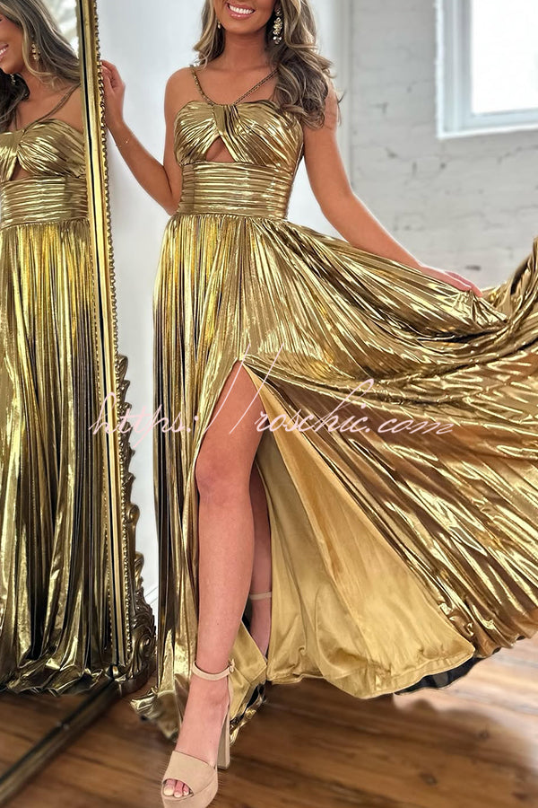 Queen Style Metallic Fabric Cross Neck Cutout Slit Pleated Maxi Dress (Shipped Within 24 Hours)