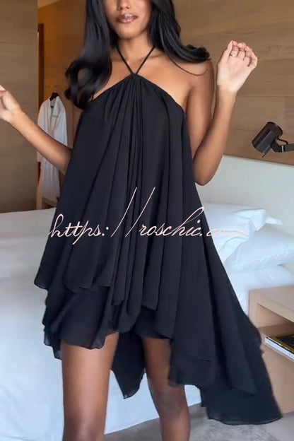 Chiffon Solid Color Halter Backless Irregular Mini Dress
