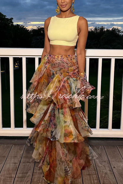 Luna Tulle Watercolor Floral Print Layered Fan-shaped Ruffle Design Maxi Skirt