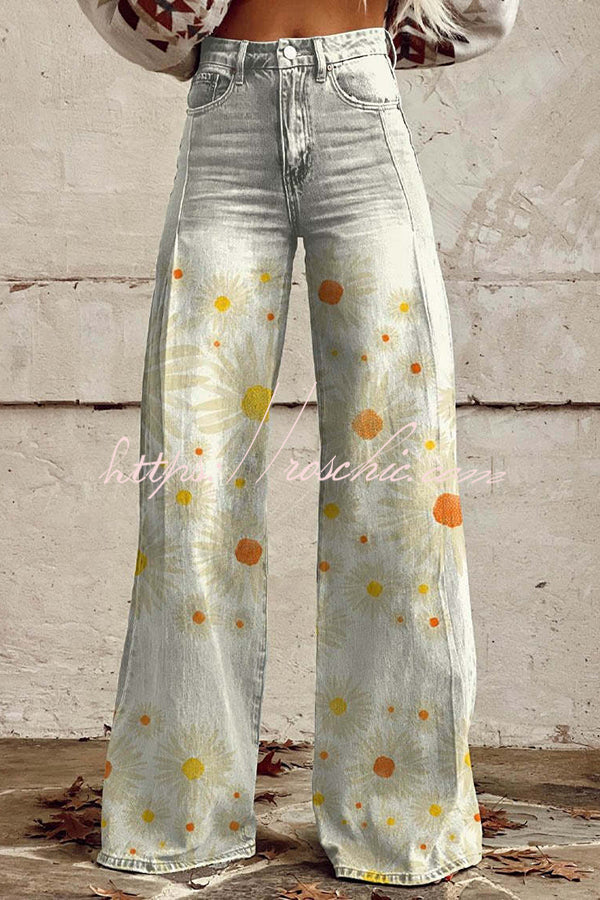 Casual Floral Print Button Pocket Wide Leg Pants