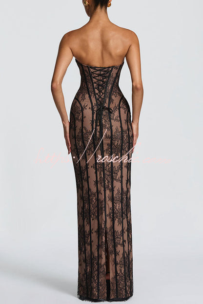 Sian Floral Lace Contrast Structural Detail Back Lace-up Strapless Slit Maxi Dress