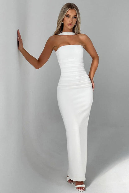 Vestido de gala tipo bustier con mangas transparentes