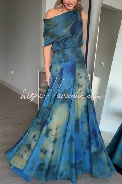 Ione Chiffon Ombré Print Cowl Neck Top and High Rise Maxi Skirt Set with Scarf