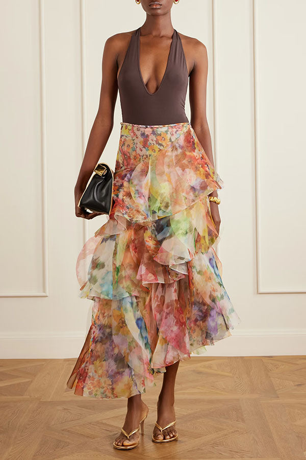 Luna Tulle Watercolor Floral Print Layered Fan-shaped Ruffle Design Maxi Skirt