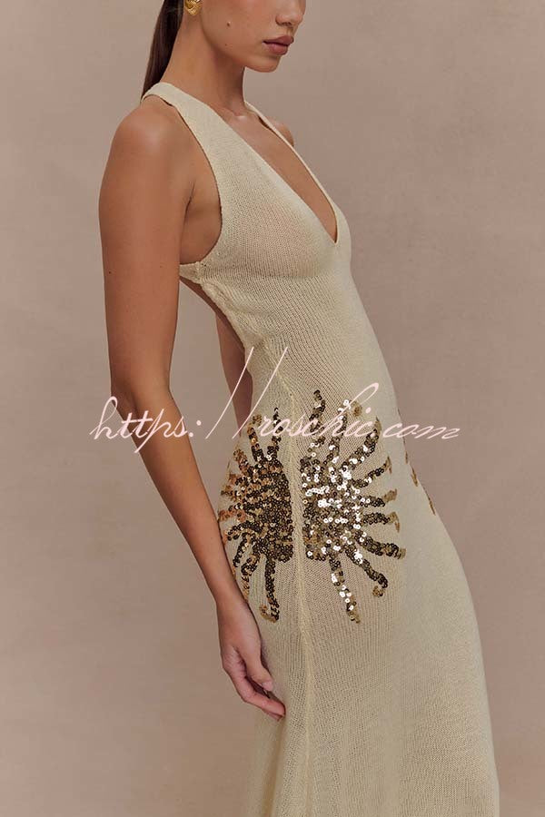 Sparkling Nights Knit Sunburst Sequin Detail Back Cross Straps Stretch Maxi Dress