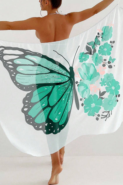 Fashionable Color-blocked Butterfly Print Sheer Cover-up Midi Dress