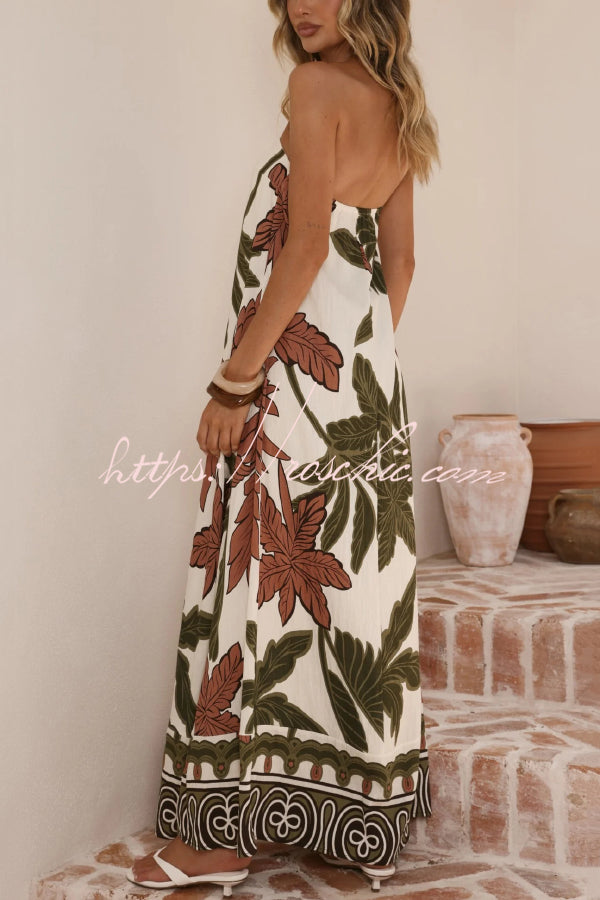 Botanical Print Sleeveless Off-shoulder Resort-style Loose Maxi Dress