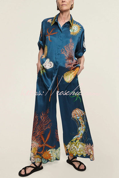 Linen Blend Unique Print Lapel Short Sleeve Shirt and Elastic Waist Loose Pocket Wide Leg Pants Set